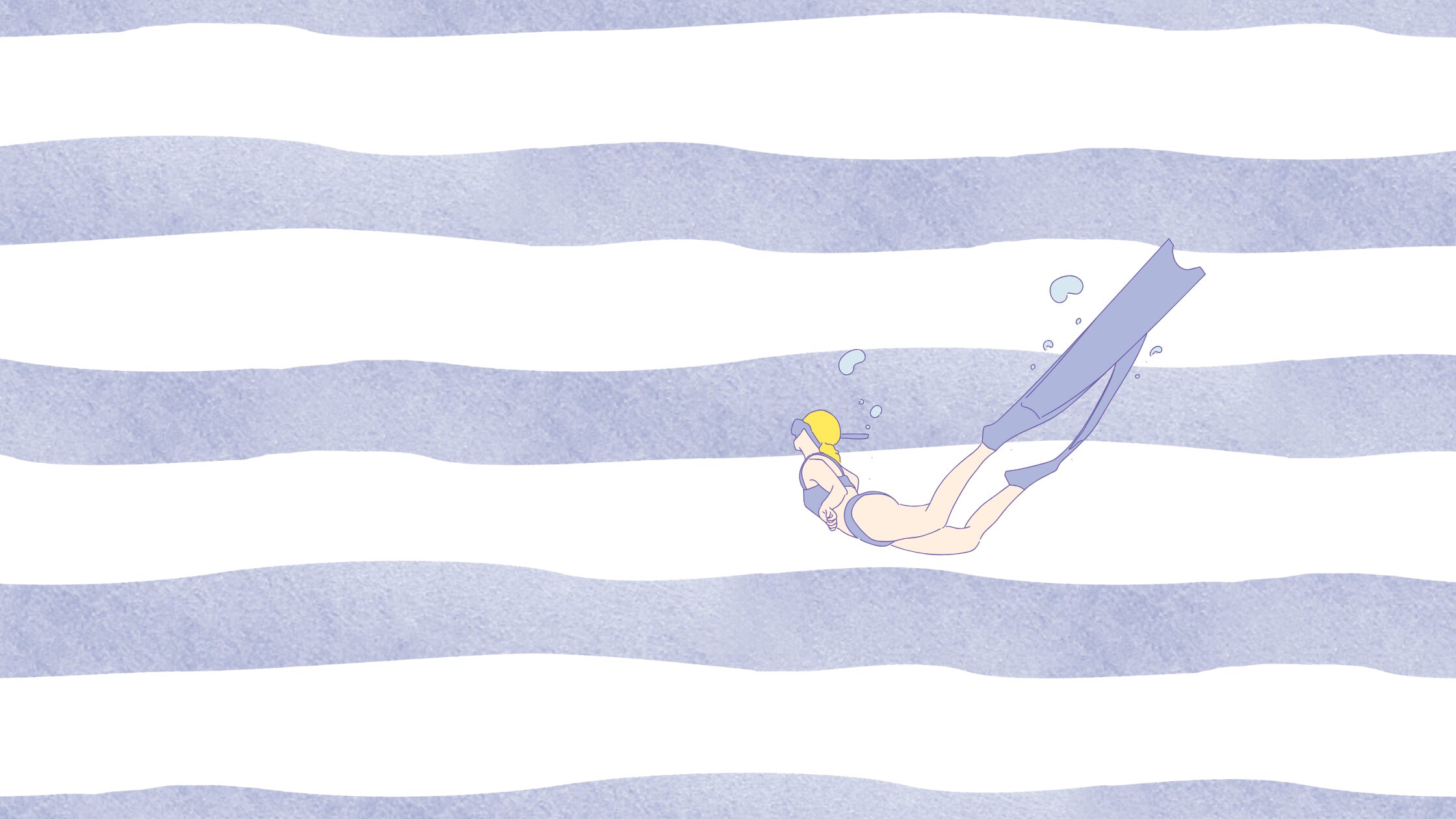 Sub nuota in un mare viola a strisce bianche, raggiungendo la superfice dell'acqua.